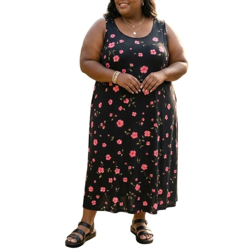 Cimmaron Plus Size 22 Dress Black Pink Floral Sleeveless Back Zip